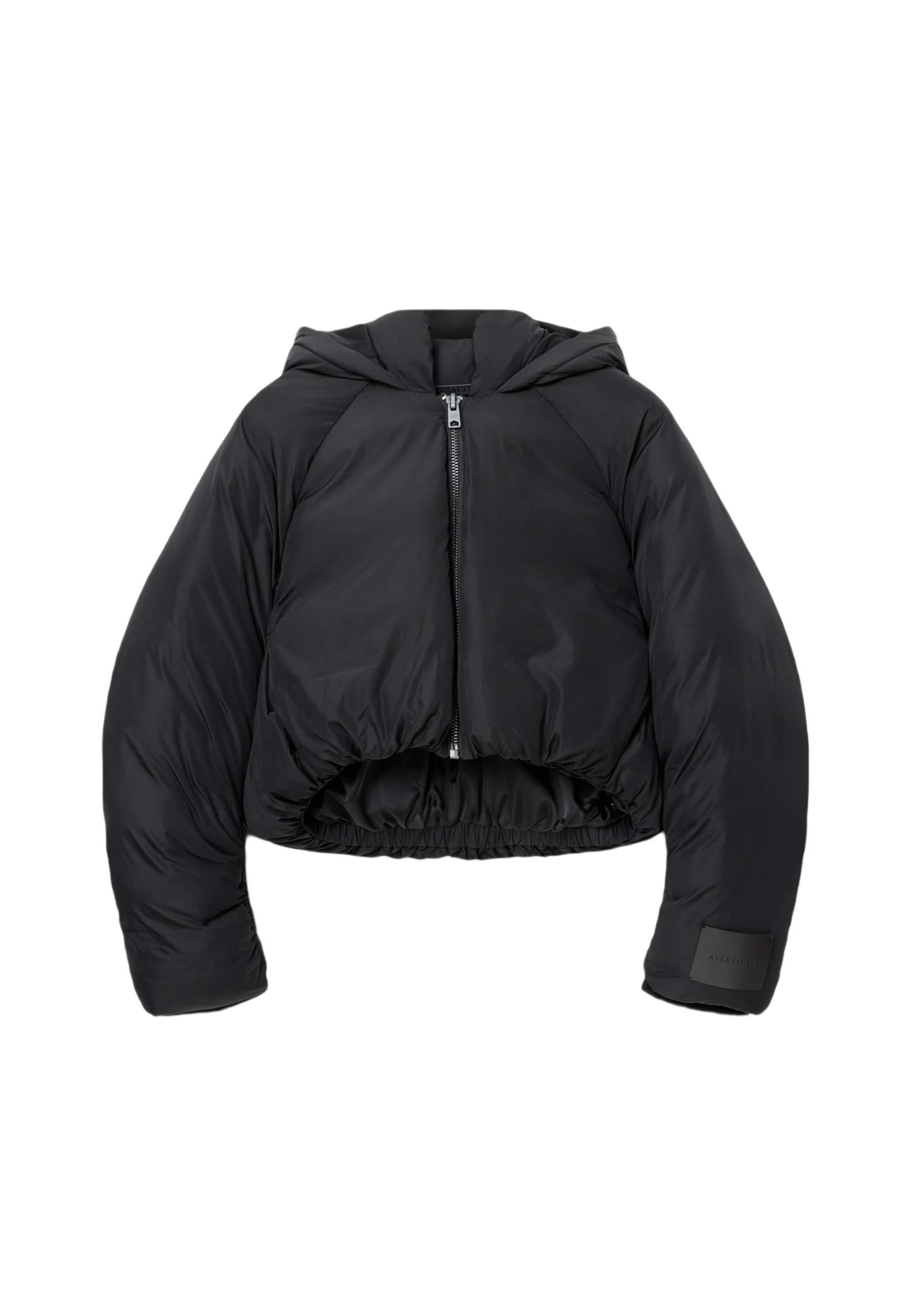 Schwarze cropped Pufferjacke mit Kapuze, ausgestattet mit einem Reißverschluss auf der Vorderseite, elastischem Saum und glatter Textur. Enthält ein Logo-Patch am Ärmel.