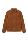 Braune Wildlederjacke mit einem Kragenhals, Frontreißverschluss und zwei seitlichen Taschen. Glatte Textur; minimalistisches Design ohne Muster.
