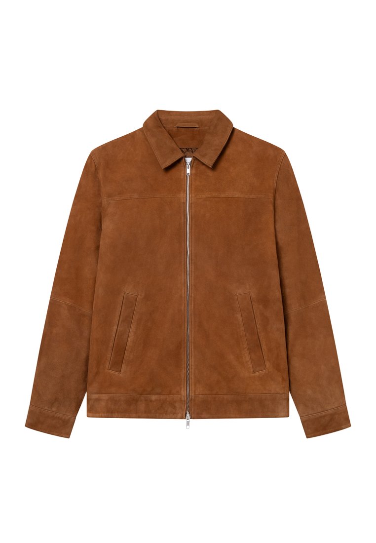 Braune Wildlederjacke mit einem Kragenhals, Frontreißverschluss und zwei seitlichen Taschen. Glatte Textur; minimalistisches Design ohne Muster.
