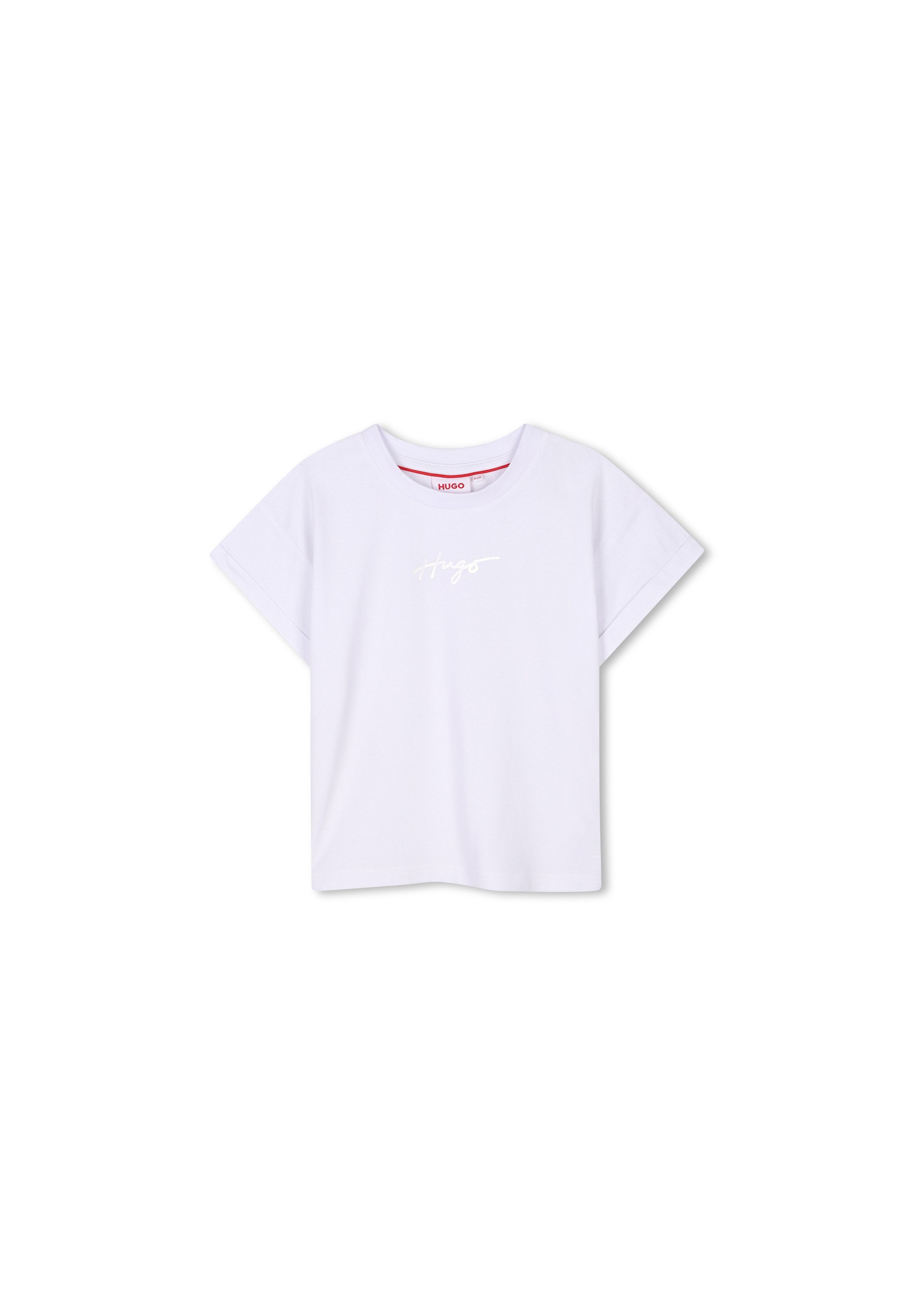 Weißes Baumwoll-T-Shirt mit kurzen Ärmeln, Rundhalsausschnitt und einer glatten Textur. Verfügt über ein dezentes weißes Logo auf der Vorderseite.