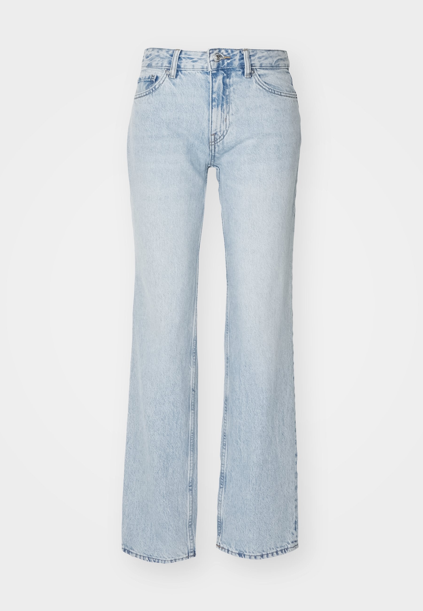 Helle blaue Jeans mit weitem Bein und hohem Bund, ausgestattet mit Vordertaschen, einem Knopf- und Reißverschluss sowie fransigen Saumdetails.