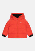 Helle orange gepolsterte Kinderjacke mit Kapuze, schwarzer Innenauskleidung, schwarzen Ärmelbündchen, Frontreißverschluss und kleinem weißen Timberland-Logo auf der Brust.