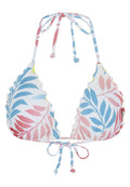 Dreieckiger Bikini-Oberteil mit gewellten Kanten, auf einem weißen Hintergrund mit einem bunten Blattmuster in Rosa und Blau. Mit Bändern zum Binden am Hals und am Rücken.