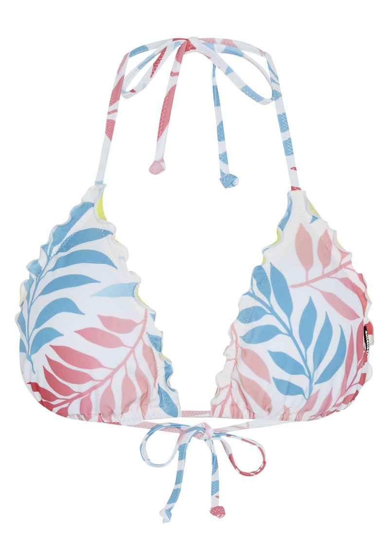 Dreieckiger Bikini-Oberteil mit gewellten Kanten, auf einem weißen Hintergrund mit einem bunten Blattmuster in Rosa und Blau. Mit Bändern zum Binden am Hals und am Rücken.