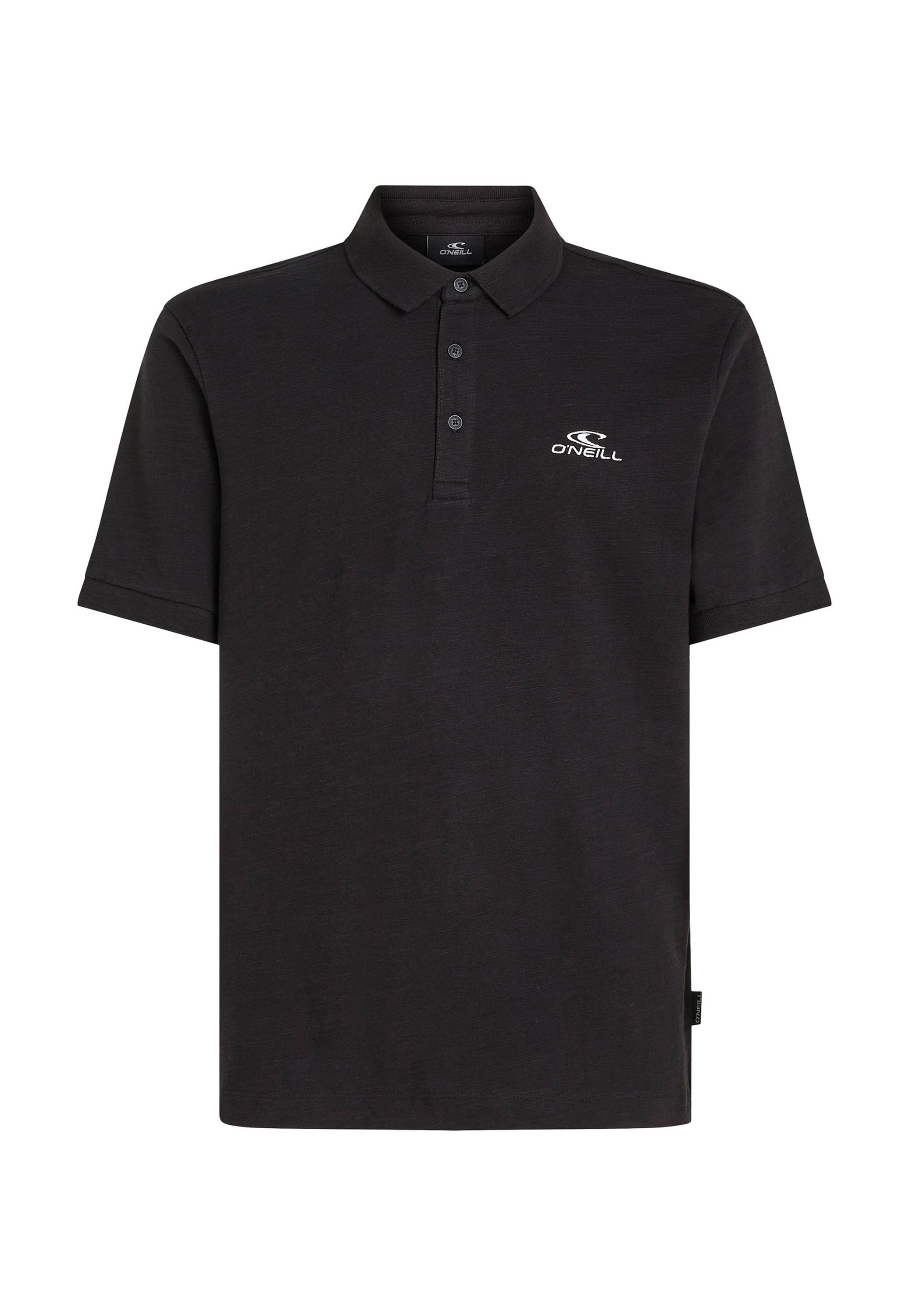 Schwarz Polo-Shirt aus weichem Stoff, mit einem Zwei-Knopf-Verschluss, kurzen Ärmeln und einem kleinen weißen O'Neill-Logo auf der Brust.