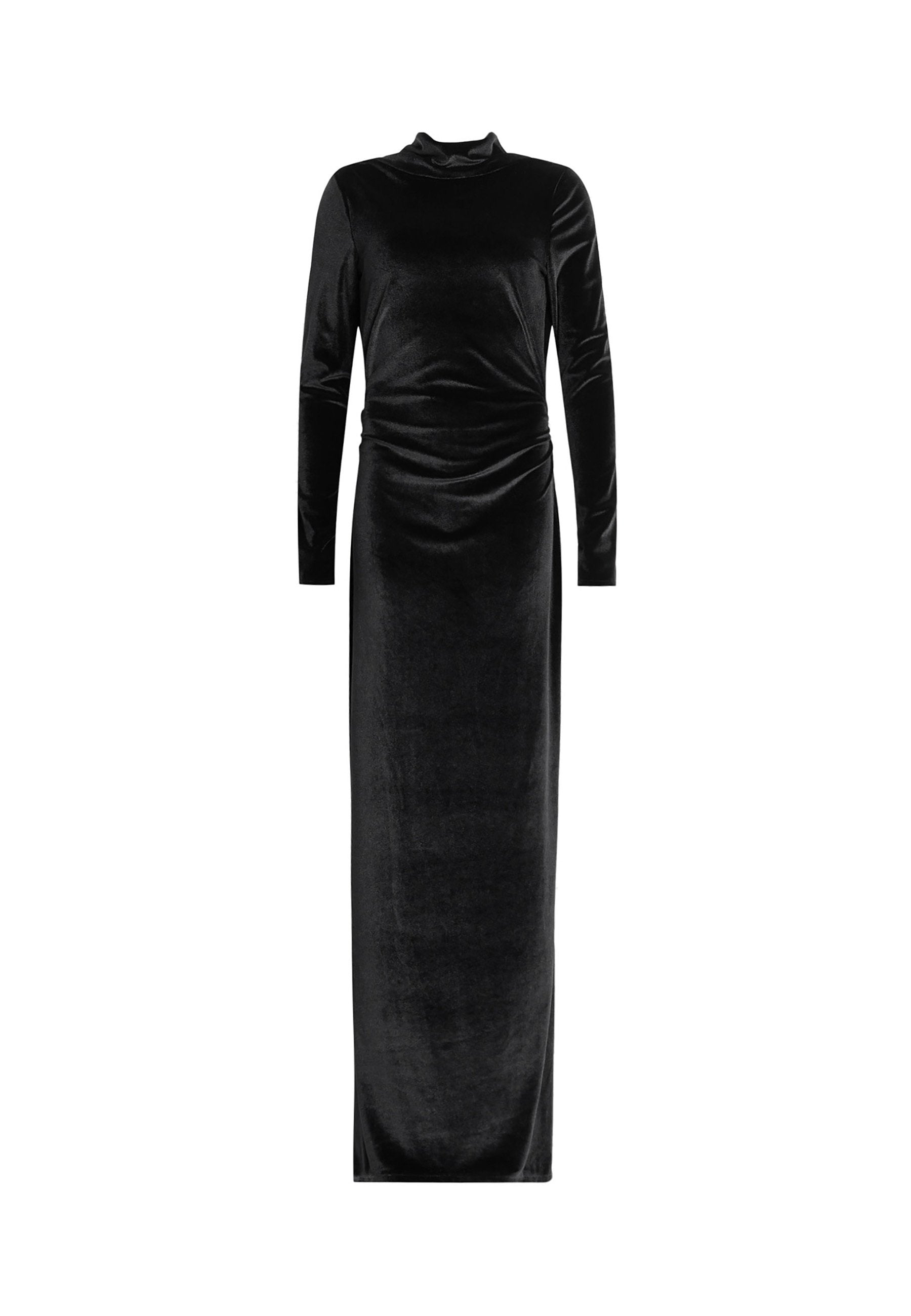 Schwarzes Samt-Maxikleid, hoher Kragen, lange Ärmel, geraffte Seitendetails, glatte Textur, figurbetonende Silhouette, bodenlanger Schnitt.