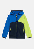 Kapuzensweatjacke mit Farbblock-Design in Blau, Navy und leuchtendem Grün; verfügt über Reißverschlusstaschen und einen durchgehenden Frontreißverschluss.