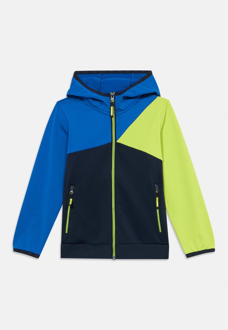 Kapuzensweatjacke mit Farbblock-Design in Blau, Navy und leuchtendem Grün; verfügt über Reißverschlusstaschen und einen durchgehenden Frontreißverschluss.