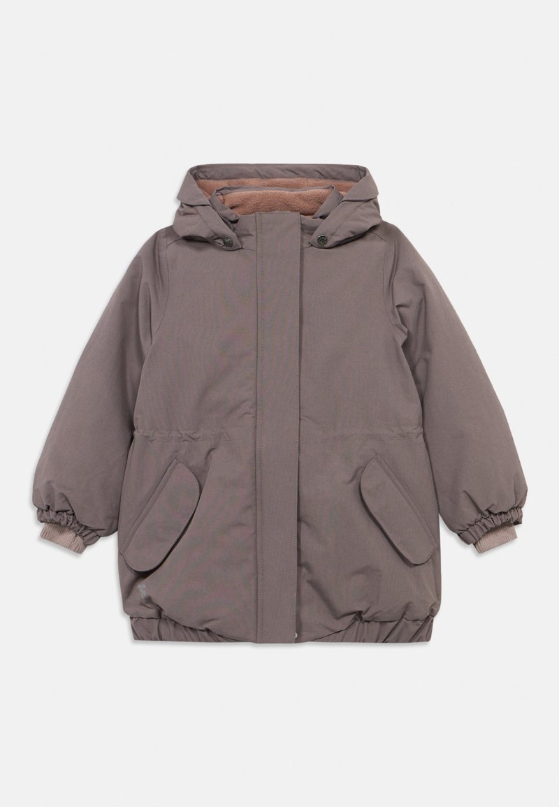 Leichter, lila-grauer Parka mit Kapuze, langen Ärmeln, elastischen Bündchen und zwei vorderen Taschen. Innenfutter aus Fleece für Wärme.