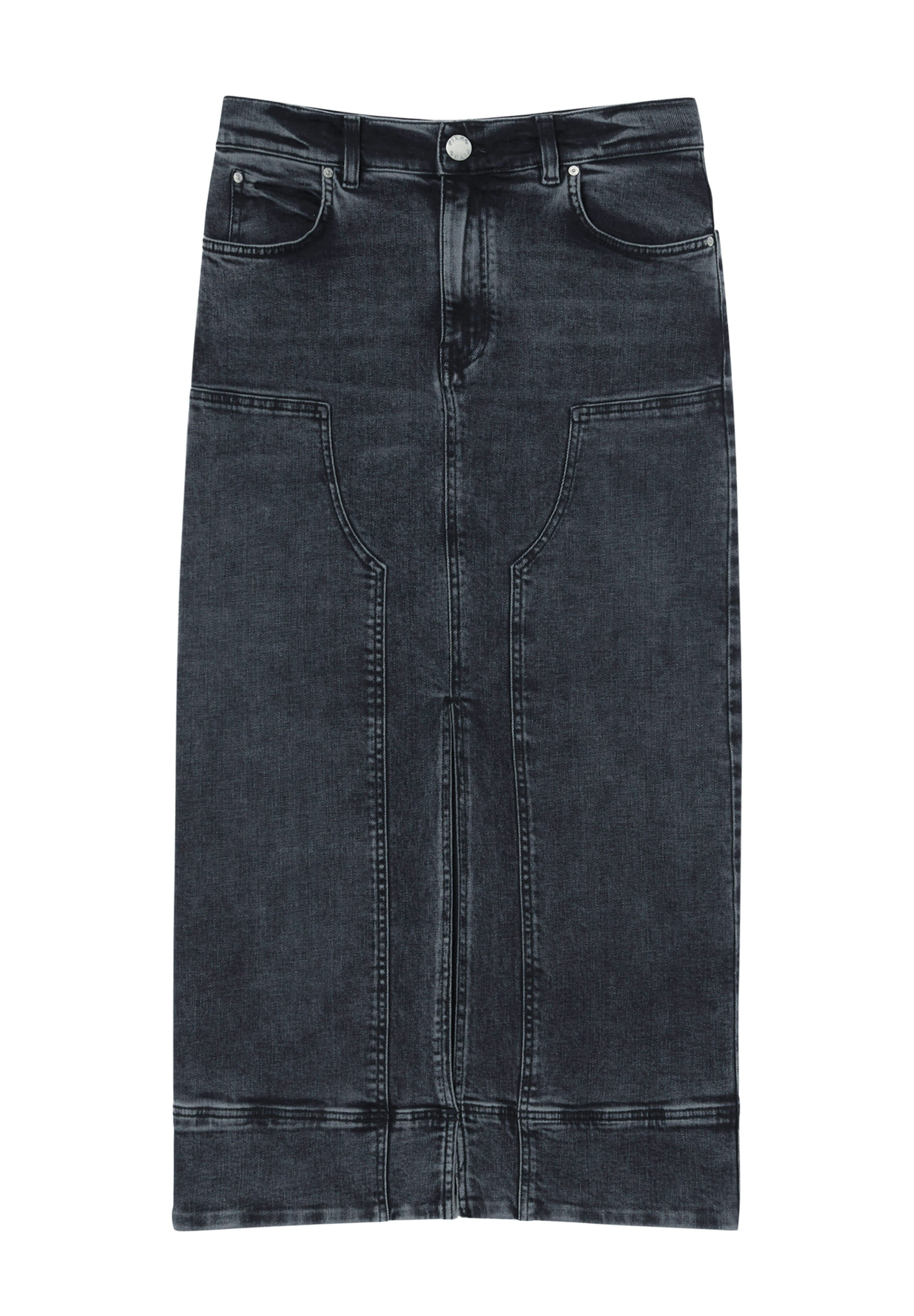 Dunkelgrauer Denim-Bleistiftrock mit einer taillierten Silhouette. Er verfügt über zwei Fronttaschen, eine Naht vorne und einen stabilen Saum. Das Material hat eine leicht strukturierte Oberfläche.
