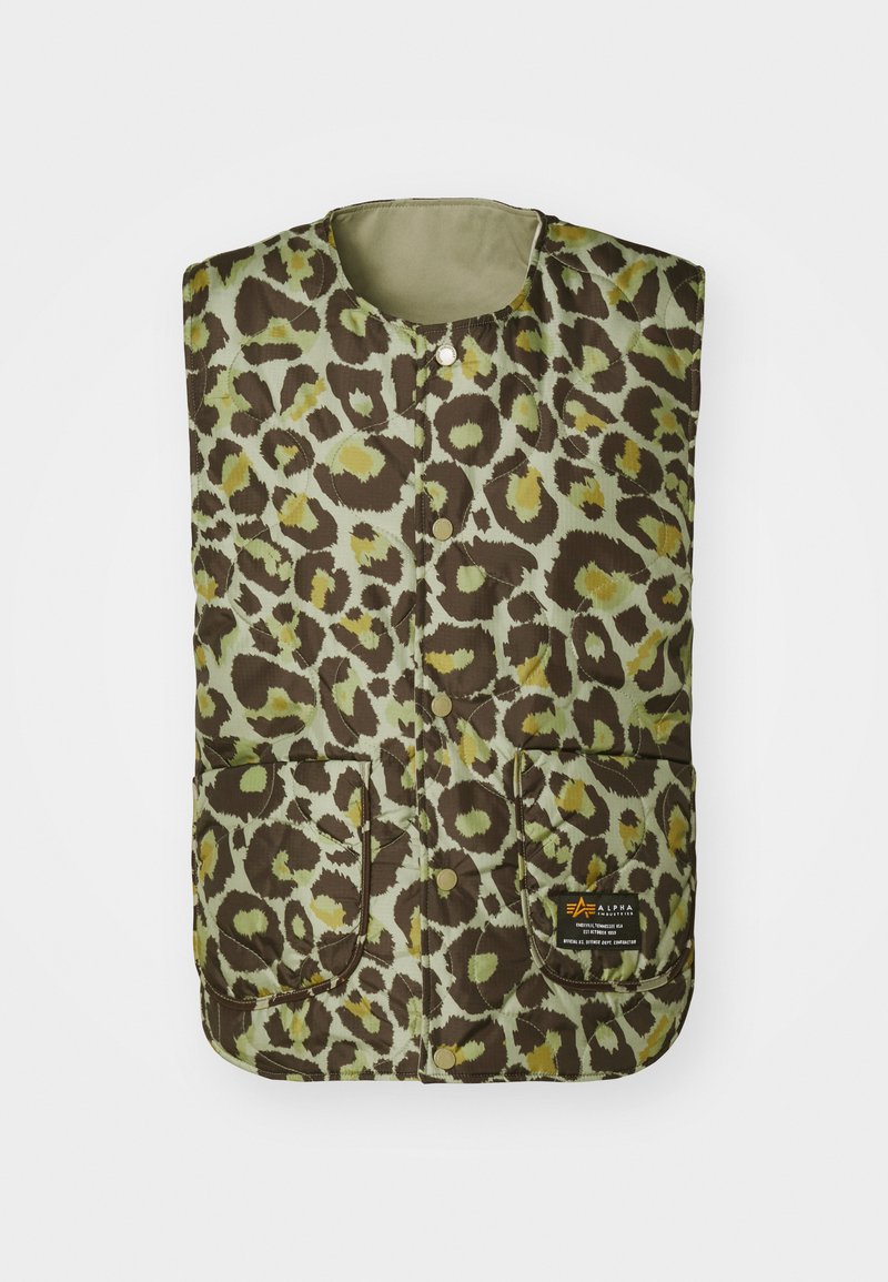 Gepolsterte Weste mit einem grünen und braunen Leopardenmuster, Rundhalsausschnitt, Druckknopfverschluss und zwei Vordertaschen.