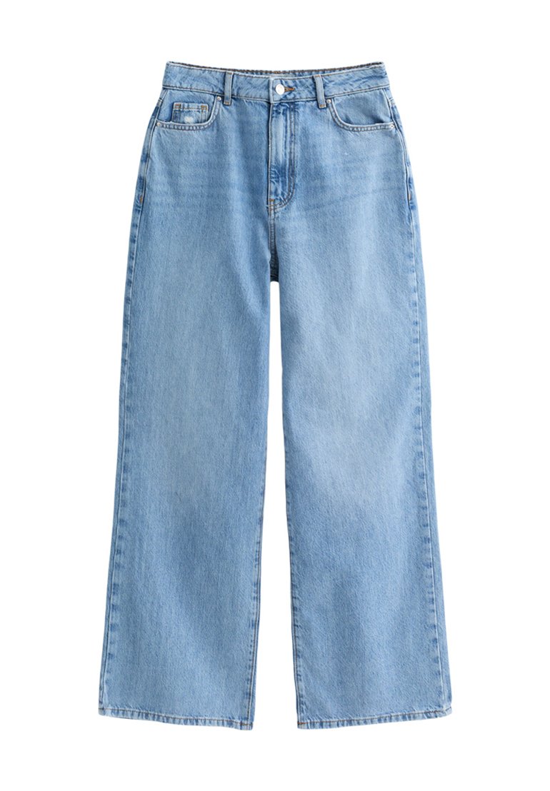 Helle blaue weite Jeans aus Denim mit hoher Taille, ausgestattet mit einem Frontknopfverschluss und zwei vorderen Taschen. Klassischer Stil.