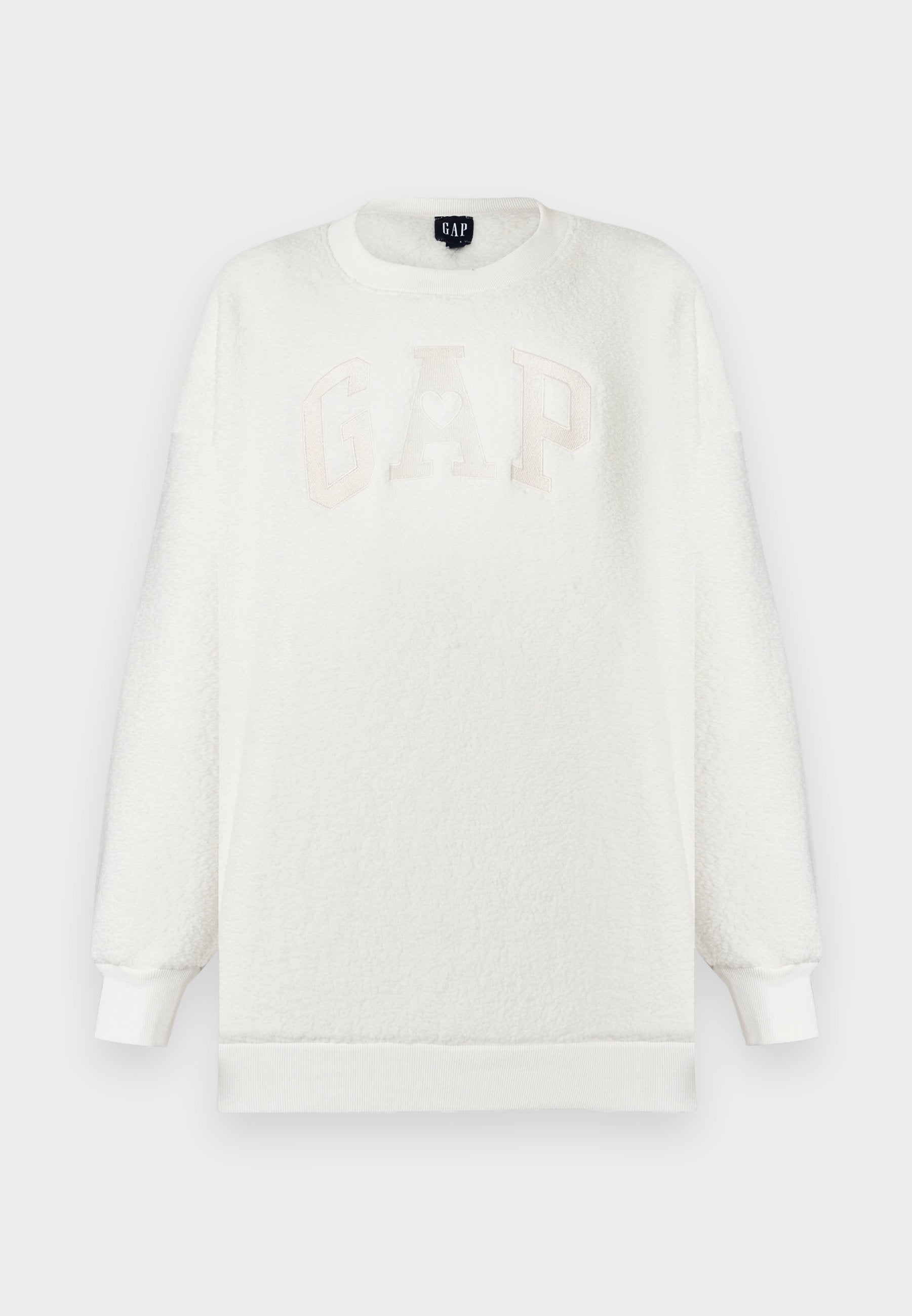 Weißes Fleecepullover mit Rundhalsausschnitt, mit geprägtem "GAP"-Logo in Beige. Lange Ärmel mit gerippten Bündchen und Saum. Weiche Textur.