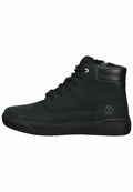 Schwarze High-Top-Sneaker mit glattem Lederfinish, runder Zehenpartie, schnürbarem Vorderteil, gepolstertem Schaft und Gummisohle. Mit Logo-Prägung an der Ferse.