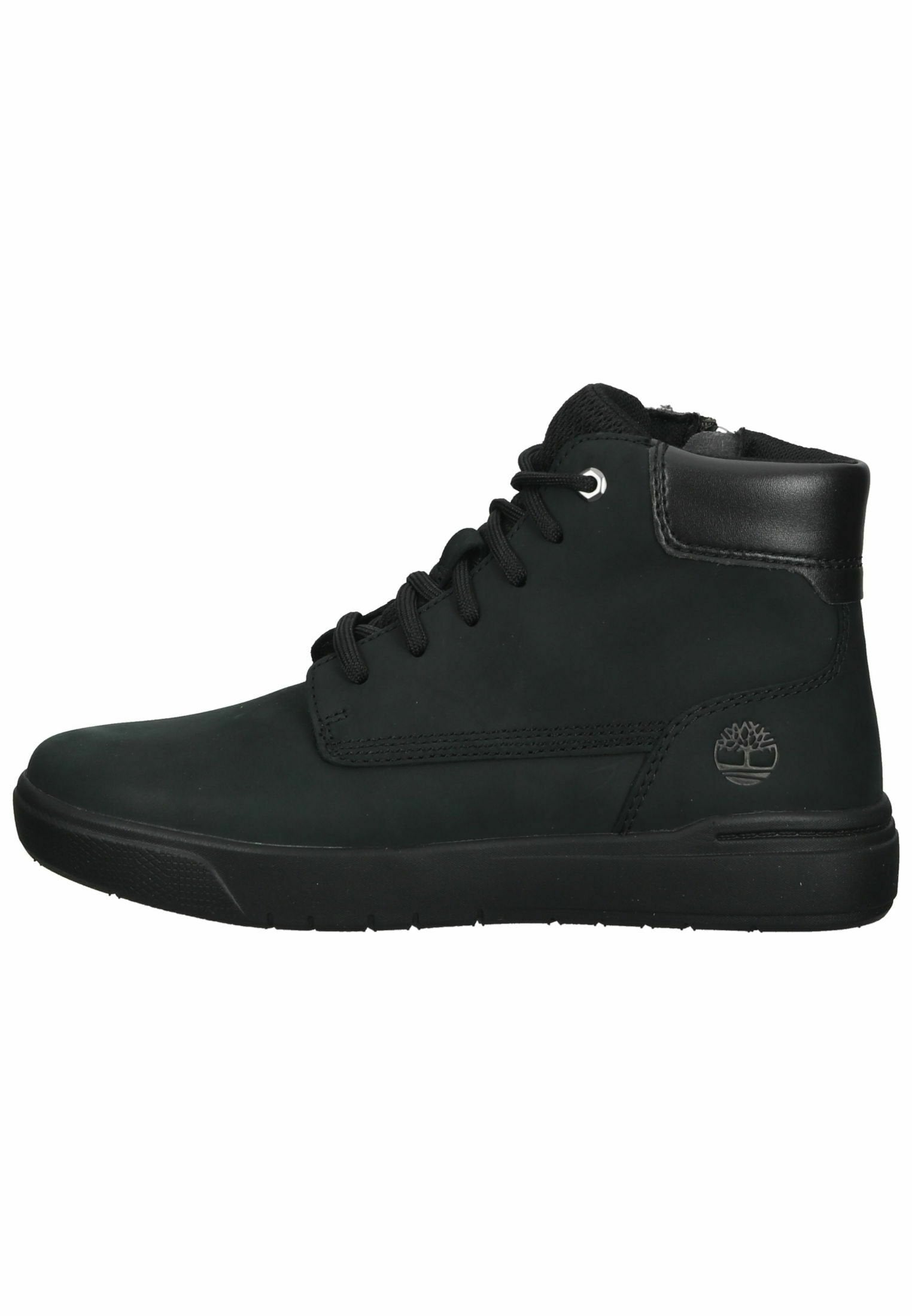 Schwarze High-Top-Sneaker mit glattem Lederfinish, runder Zehenpartie, schnürbarem Vorderteil, gepolstertem Schaft und Gummisohle. Mit Logo-Prägung an der Ferse.