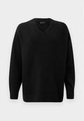 Schwarzer V-Ausschnitt-Pullover aus weichem Strickmaterial. Verfügt über lange Ärmel, gerippte Bündchen und Saum sowie ein strukturiertes Muster am Ausschnitt.