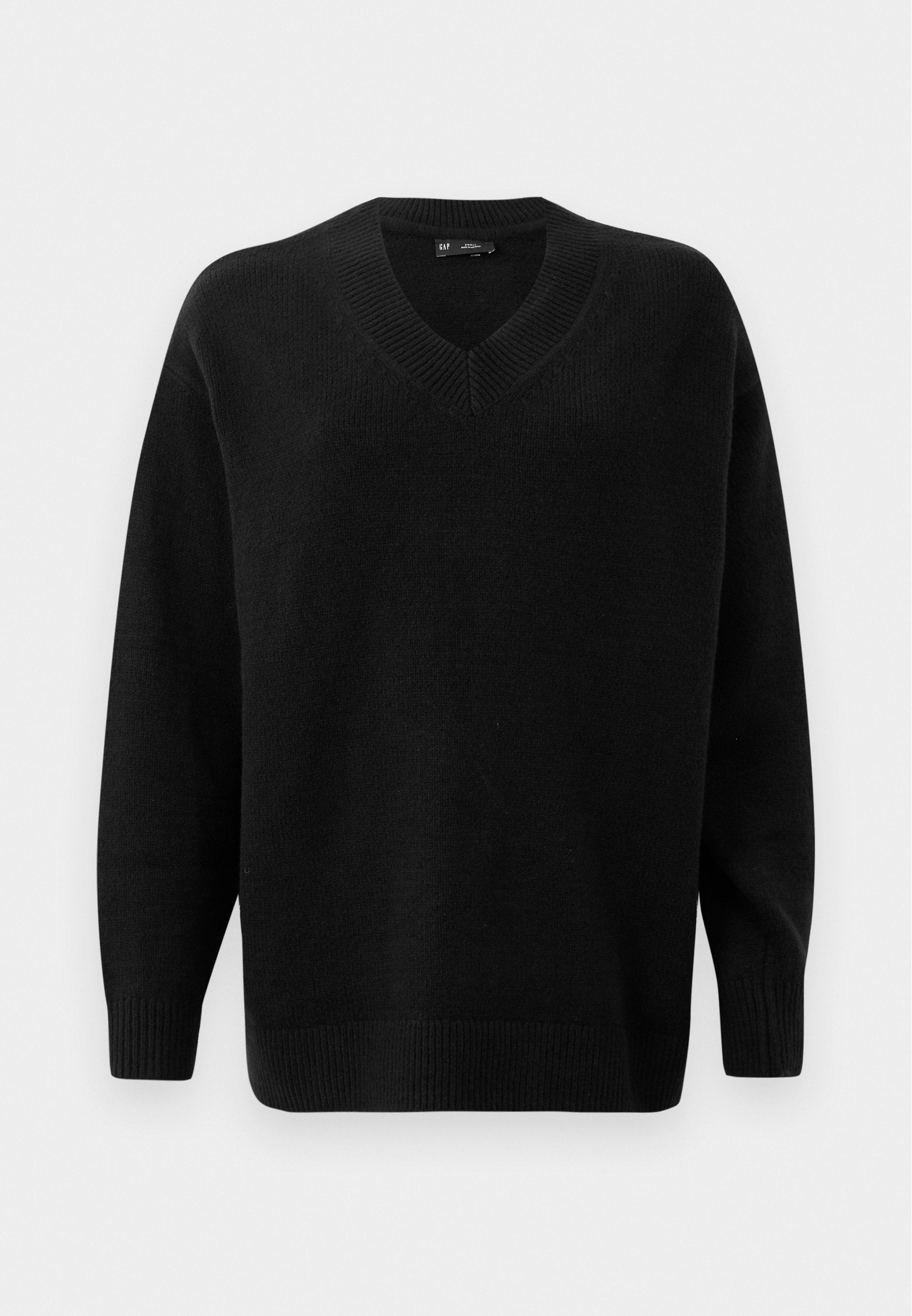 Schwarzer V-Ausschnitt-Pullover aus weichem Strickmaterial. Verfügt über lange Ärmel, gerippte Bündchen und Saum sowie ein strukturiertes Muster am Ausschnitt.
