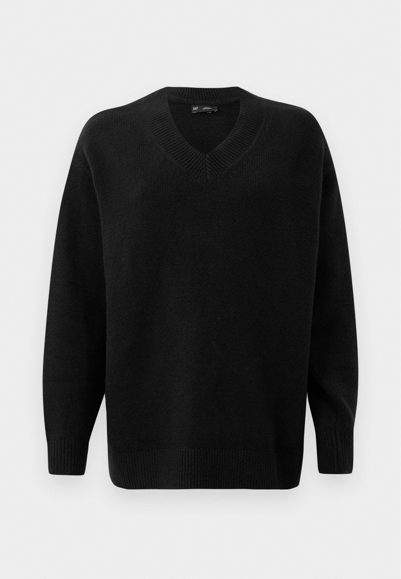 Schwarzer V-Ausschnitt-Pullover aus weichem Strickmaterial. Verfügt über lange Ärmel, gerippte Bündchen und Saum sowie ein strukturiertes Muster am Ausschnitt.