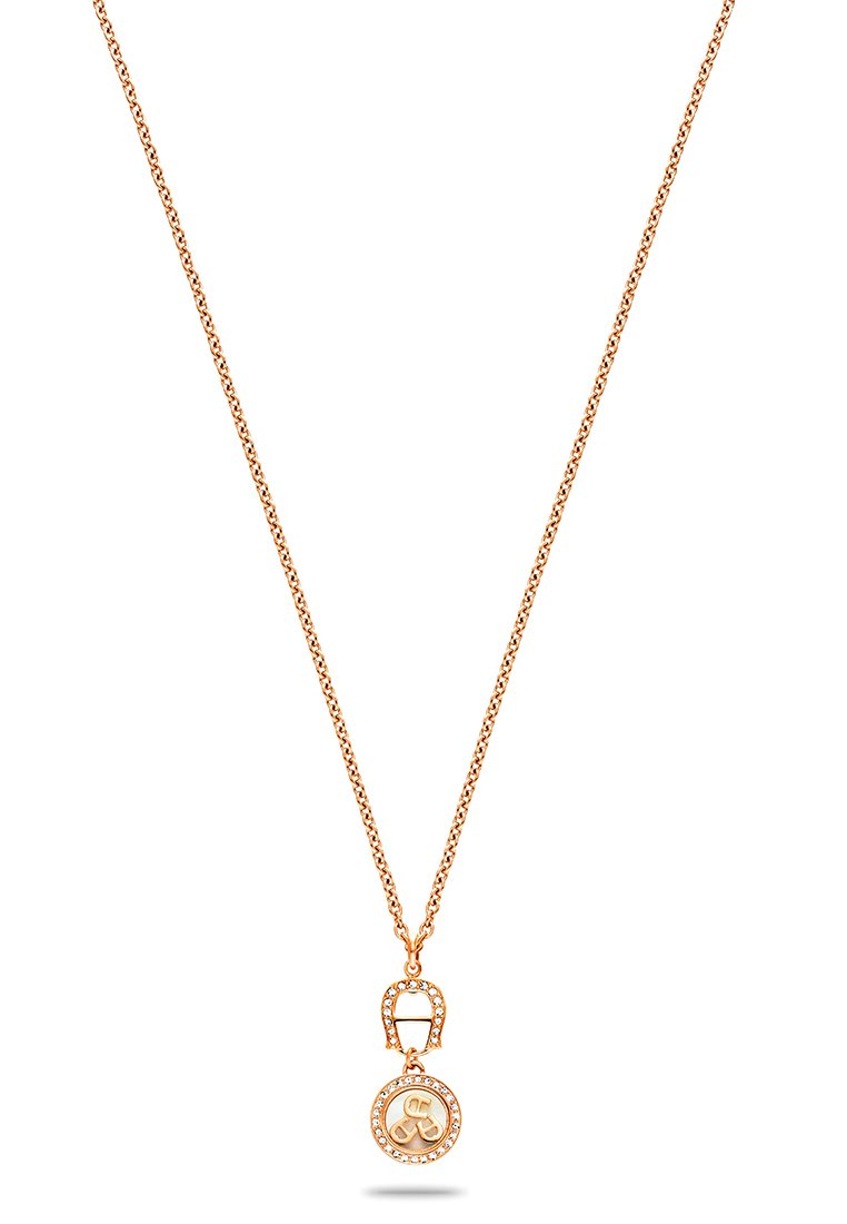 Halskette aus Roségold mit einem runden Anhänger, der einen Charm und Edelsteinakzente aufweist, aufgehängt an einer zarten Kette mit gedrehtem Design.