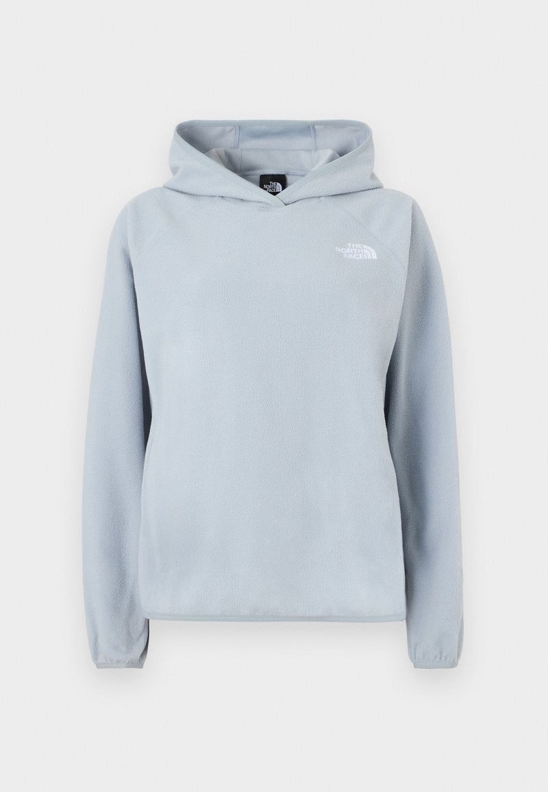 Hellblauer Fleecepullover mit Kapuze, Vordertasche, verstellbarer Kapuze und gerippten Bündchen. Mit kleinem weißem Logo auf der linken Brust.