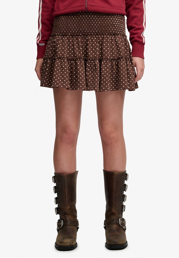 Superdry & Co SUPERDRY TIERED JERSEY MINI SKIRT.. - A-line skirt - chestnut brown polka dot