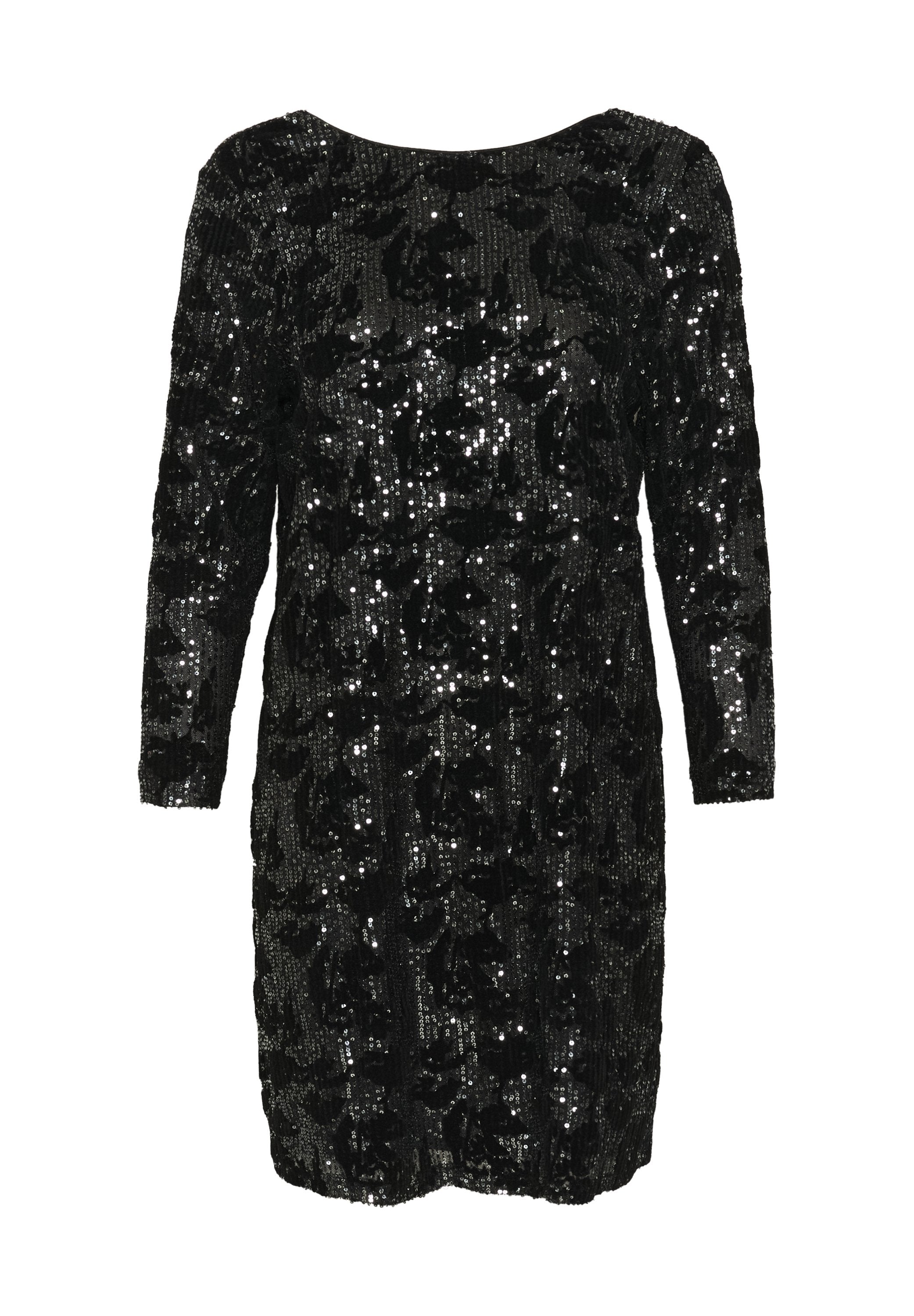Schwarzes Pailletten-Kleid mit langen Ärmeln und runder Ausschnitt. Hat ein Blumenmuster, das aus Pailletten auf einem strukturierten Stoff besteht.