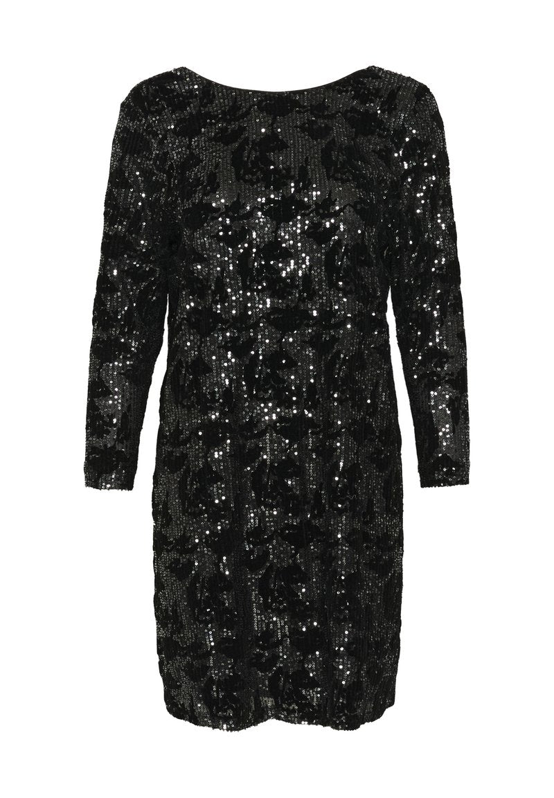 Schwarzes Pailletten-Kleid mit langen Ärmeln und runder Ausschnitt. Hat ein Blumenmuster, das aus Pailletten auf einem strukturierten Stoff besteht.