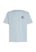 Hellblaues Baumwoll-T-Shirt mit Rundhalsausschnitt, kurzen Ärmeln und einem bedruckten Logo auf der linken Brust. Klassische Passform, weiche Textur.