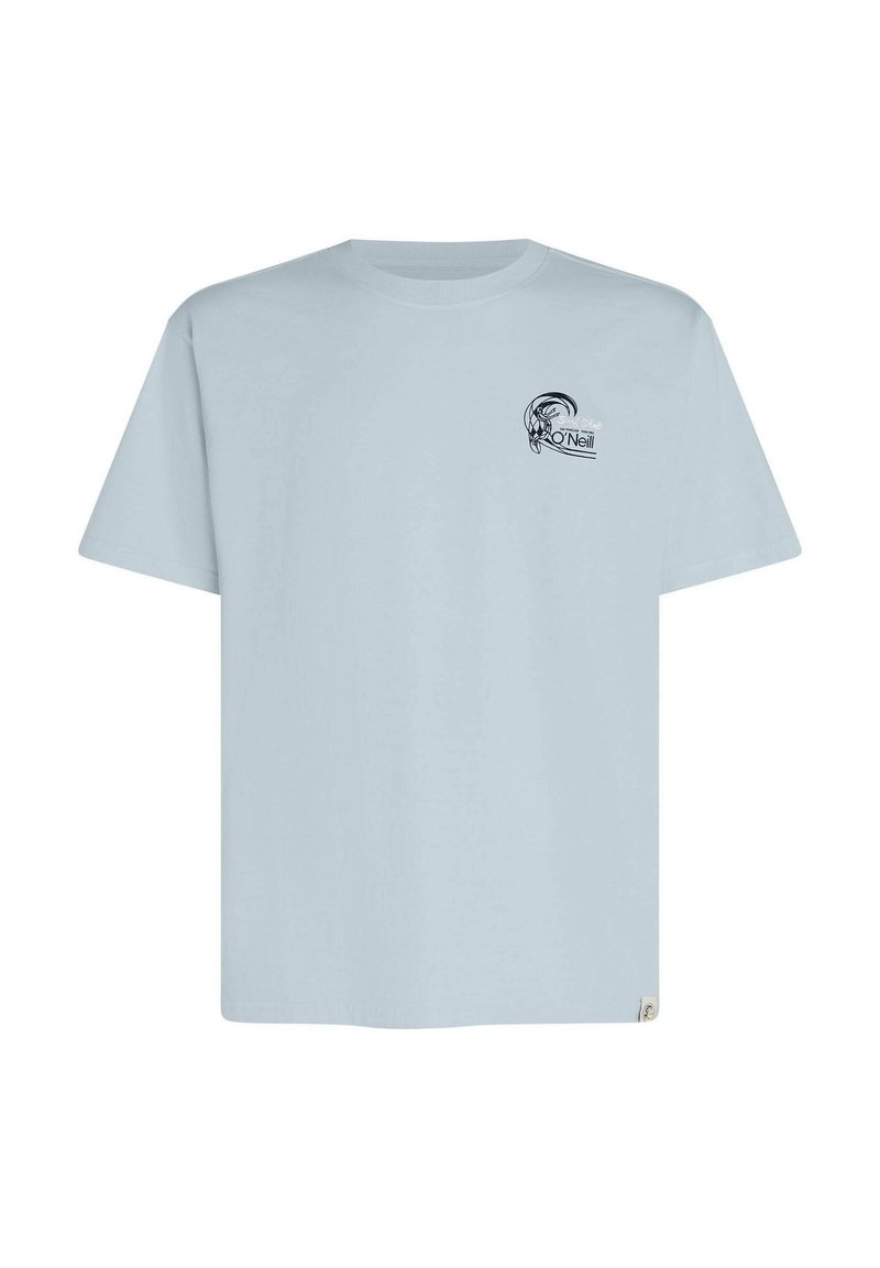Hellblaues Baumwoll-T-Shirt mit Rundhalsausschnitt, kurzen Ärmeln und einem bedruckten Logo auf der linken Brust. Klassische Passform, weiche Textur.