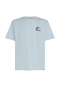 Hellblaues Baumwoll-T-Shirt mit Rundhalsausschnitt, kurzen Ärmeln und einem bedruckten Logo auf der linken Brust. Klassische Passform, weiche Textur.
