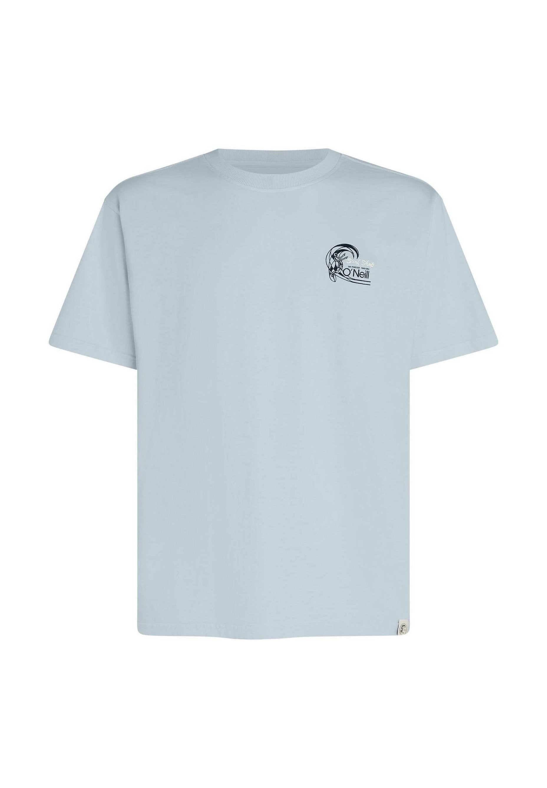 Hellblaues Baumwoll-T-Shirt mit Rundhalsausschnitt, kurzen Ärmeln und einem bedruckten Logo auf der linken Brust. Klassische Passform, weiche Textur.