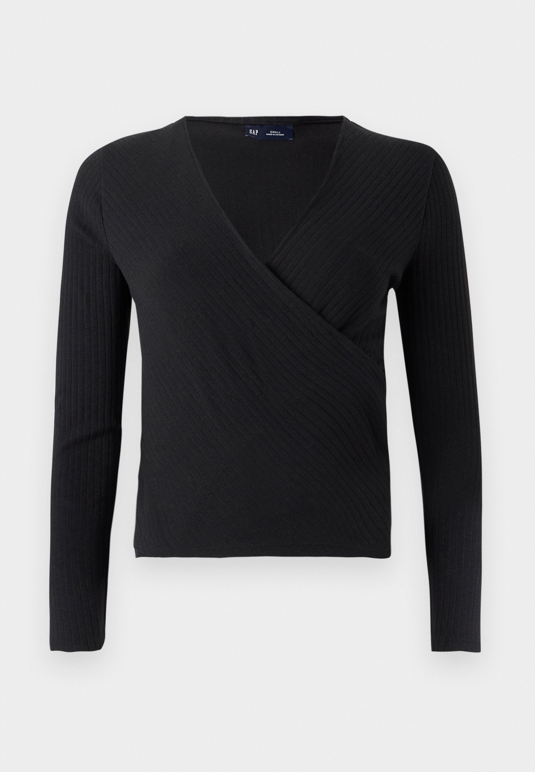 Schwarzes, geripptes Wickelshirt mit langen Ärmeln, V-Ausschnitt und figurbetontem Schnitt. Weiche Textur und minimalistischer Stil.