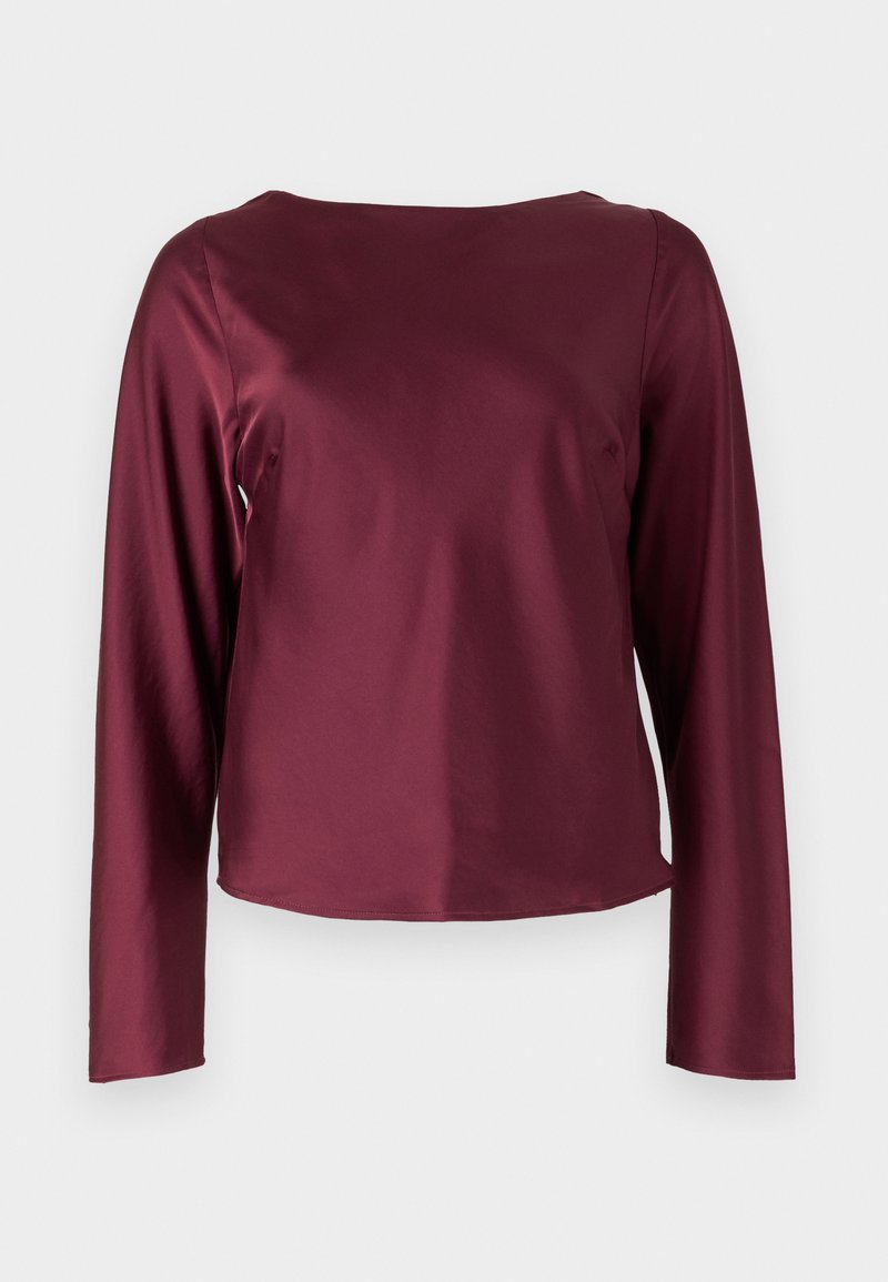 Burgunderfarbener Langarm-Top mit rundem Ausschnitt. Glattes, glänzendes Material mit geraden Seiten und einem leicht verkürzten Saum. Keine sichtbaren Muster oder Details.
