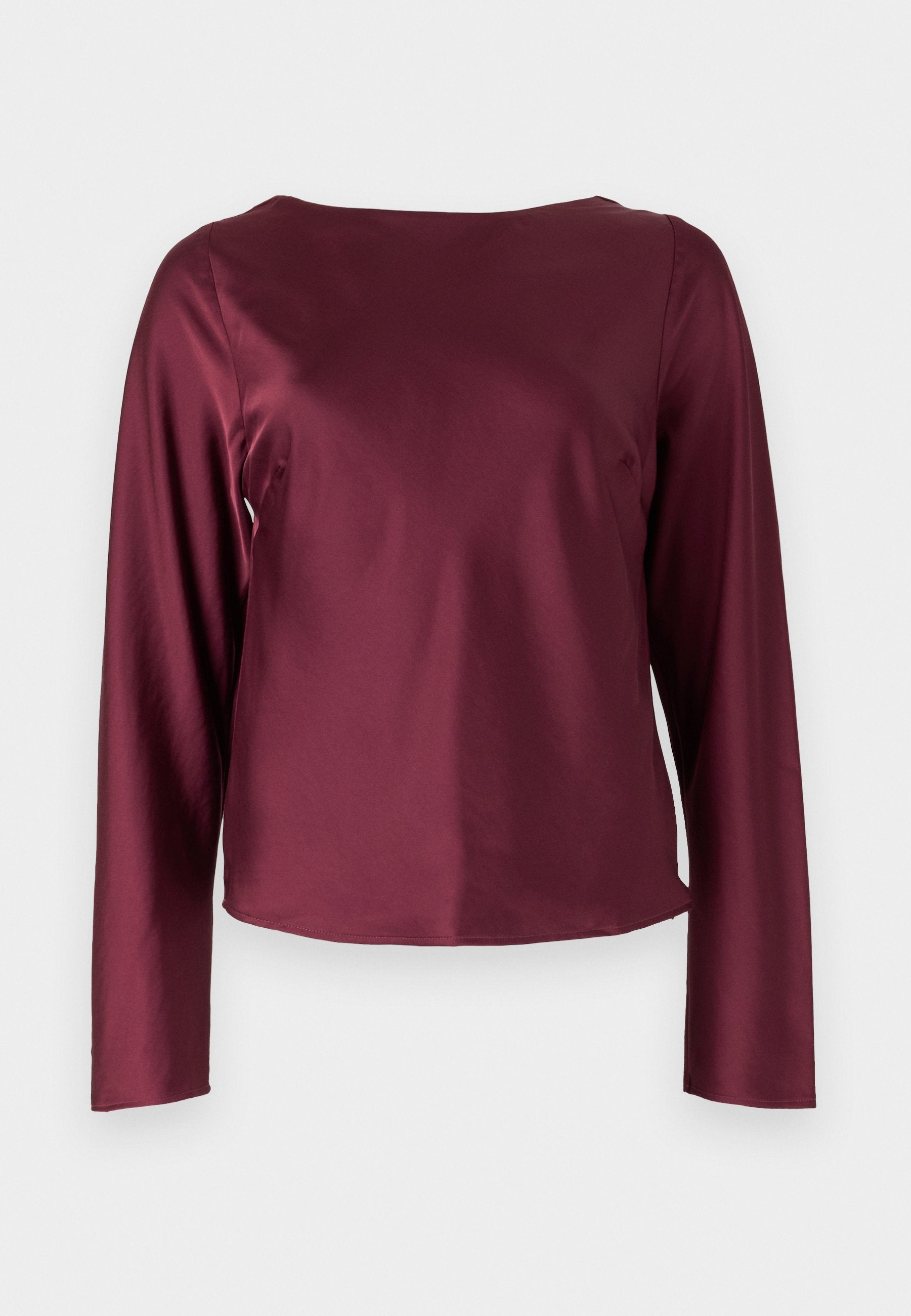 Burgunderfarbener Langarm-Top mit rundem Ausschnitt. Glattes, glänzendes Material mit geraden Seiten und einem leicht verkürzten Saum. Keine sichtbaren Muster oder Details.
