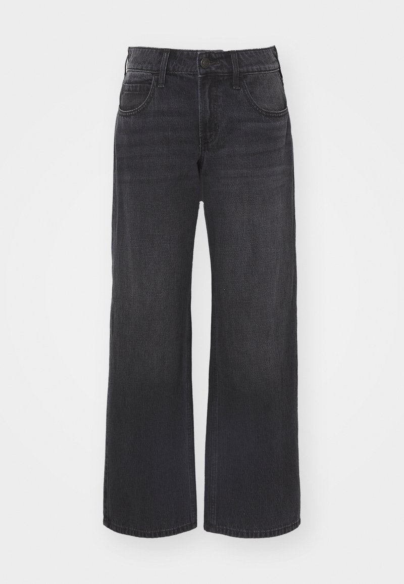 Weite, dunkelblaue Jeans mit hochgeschnittenem Bund, Knopfverschluss und Fünf-Taschen-Design, das eine gleichmäßige Textur und durchgehend dunkle Farbe aufweist.