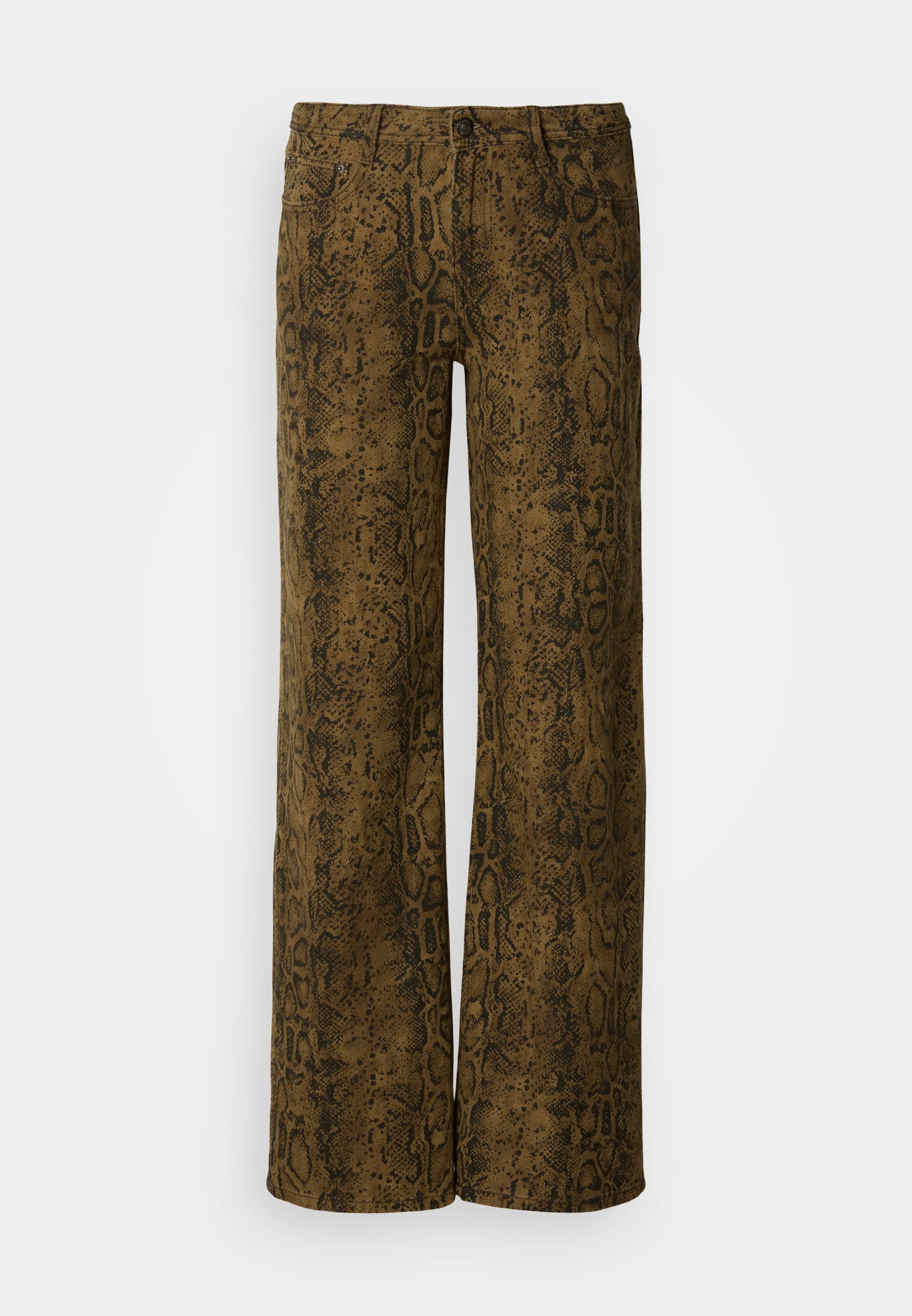 Braune weite Hosen mit einem strukturierten Schlangenprint-Muster in Schwarz. Mit einem Knopfverschluss und traditionellem Fünf-Taschen-Design.
