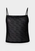 Schwarzes Mesh-Cami-Top mit Spaghetti-Trägern, sich wiederholendem "Tommy"-Logo-Muster und figurbetontem Design. Leichter Stoff mit leichtem Glanz.