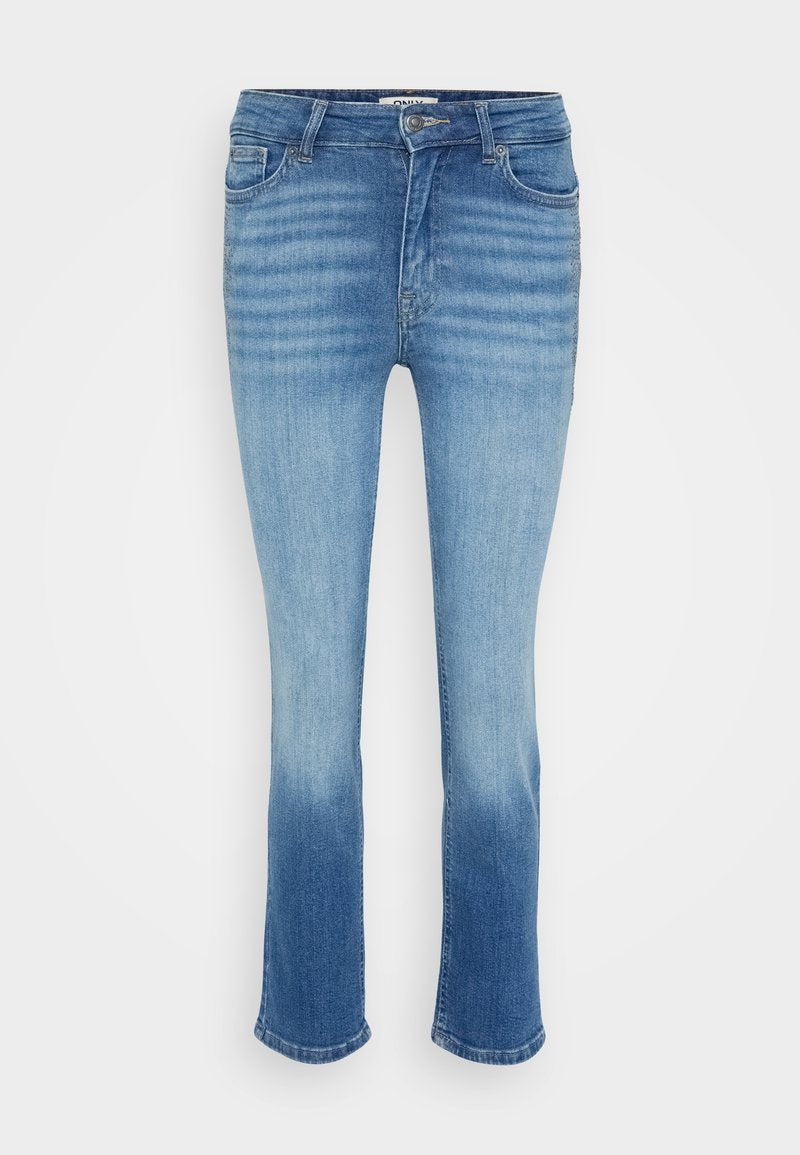 Denim-Jeans in einem hellblauen Farbverlauf, mit einem klassischen Fünf-Taschen-Design, geraden Beinen und einer leicht ausgebleichten Textur am Saum.