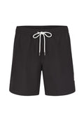 Schwarze Schwimmshorts mit elastischem Bund und Kordelzug, mit glatter Textur und kleinem Logo an der Unterseite.