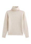 Beige Rollkragenpullover aus weichem, strukturiertem Stoff. Verfügt über lange Ärmel, einen gerippten Kragen und einen geraden Saum. Schlichtes Design.