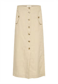 Beige Leinen-Midi-Rock mit geradem Schnitt, vorderen Knöpfen und zwei Seitentaschen. Verfügt über eine glatte Textur und ein klassisches Design.