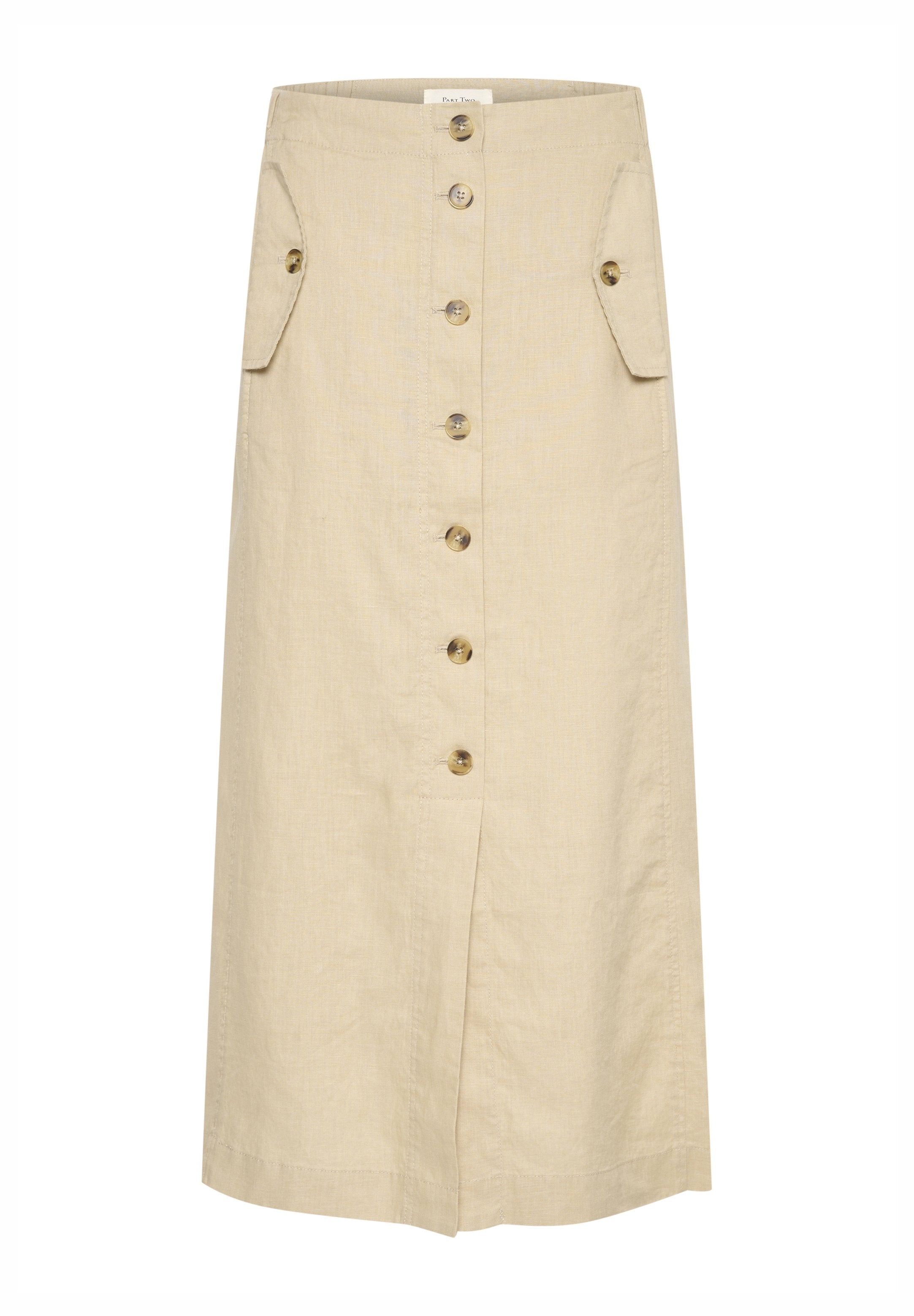 Beige Leinen-Midi-Rock mit geradem Schnitt, vorderen Knöpfen und zwei Seitentaschen. Verfügt über eine glatte Textur und ein klassisches Design.