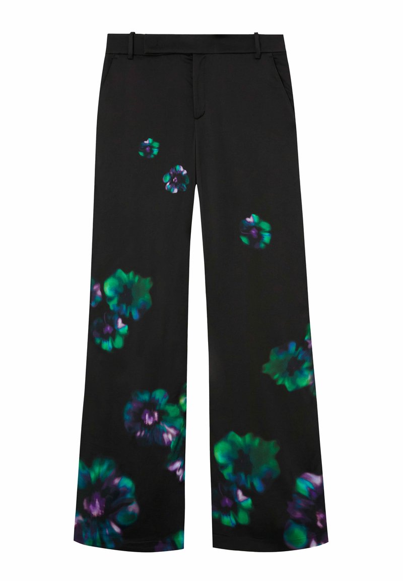 Schwarze weit geschnittene Hose mit einem floralen Muster in Blau, Grün und Lila. Aus glattem Stoff gefertigt, mit zwei Seitentaschen und Gürtelschlaufen.
