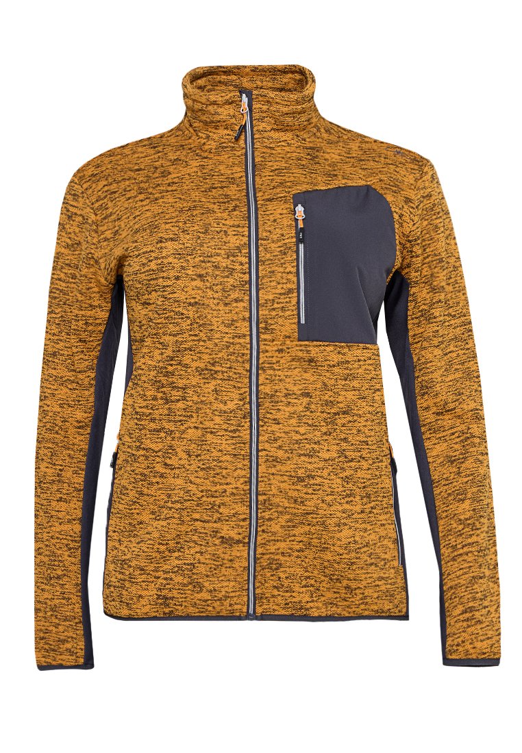 Herrenjacke aus Fleece mit durchgehendem Reißverschluss, orange-schwarz gesprenkelt, mit schwarzer Reißverschlusstasche auf der Brust, schwarzen Seitenpanelen und Unterseiten der Ärmel.