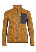 Herrenjacke aus Fleece mit durchgehendem Reißverschluss, orange-schwarz gesprenkelt, mit schwarzer Reißverschlusstasche auf der Brust, schwarzen Seitenpanelen und Unterseiten der Ärmel.