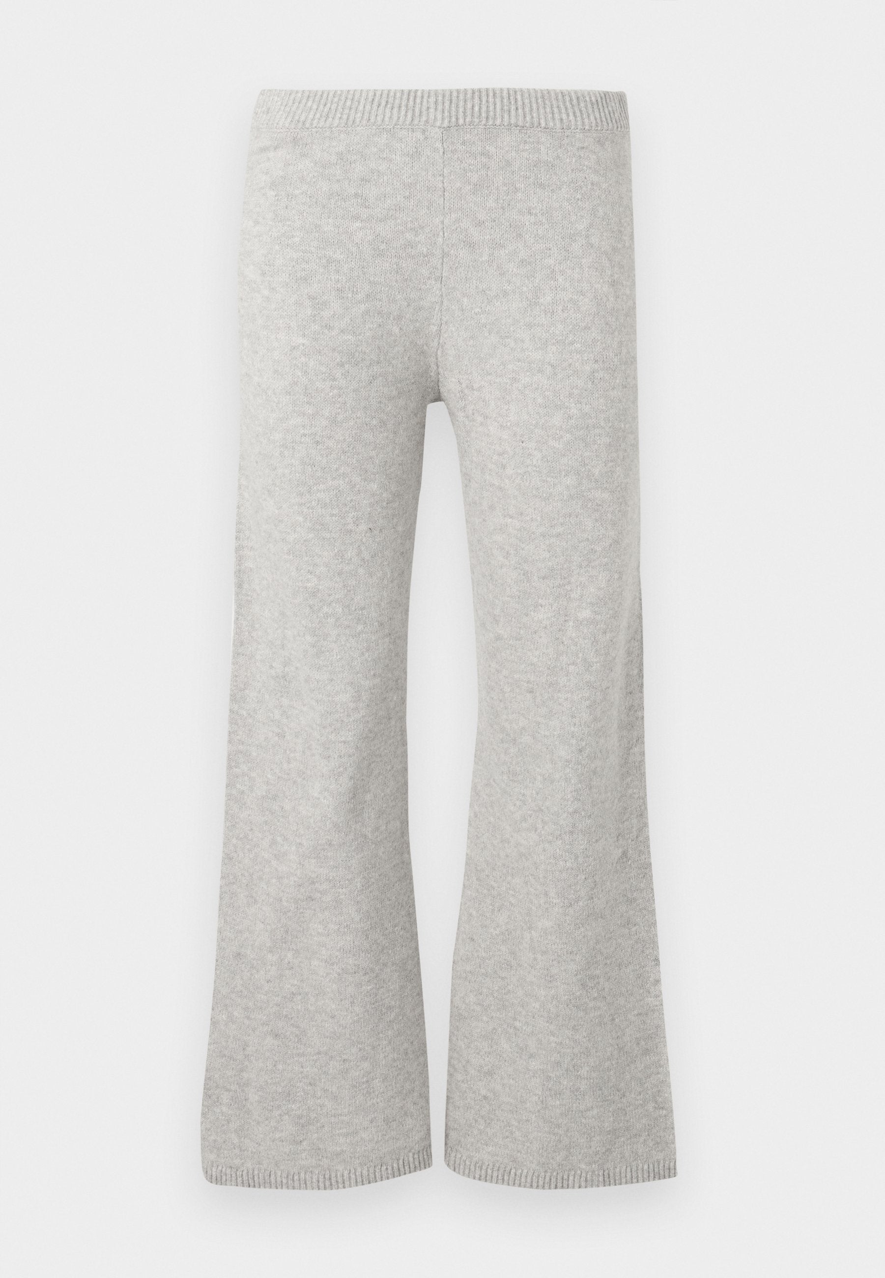 Graue, ausgestellte Hose aus strukturierter Strickware, mit einem elastischen Bund und einer glatten Verarbeitung ohne sichtbare Nähte oder Taschen.