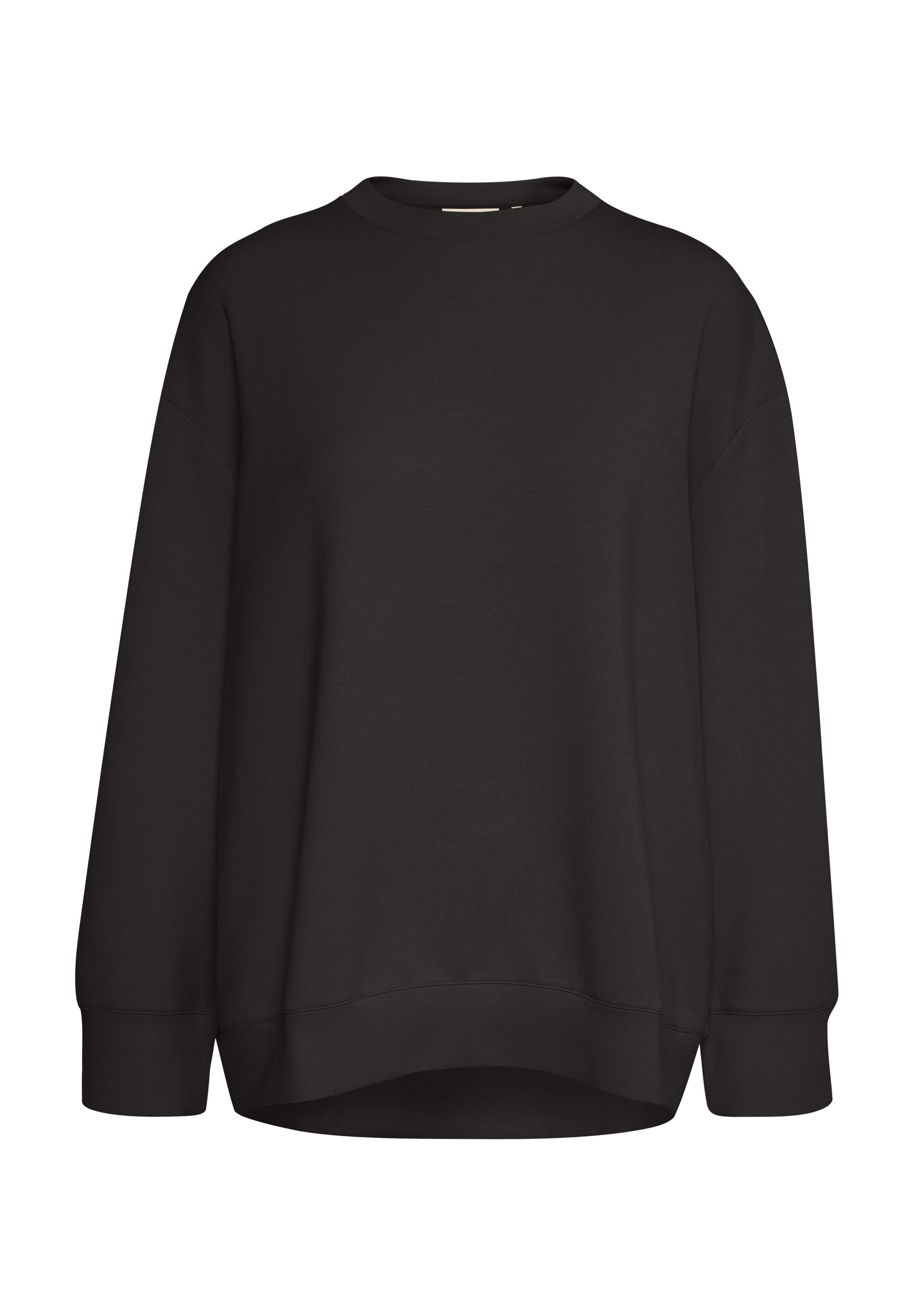 Einfache schwarze, übergroße Sweatshirt mit langen Ärmeln und gerippten Bündchen, mit einem Rundhalsausschnitt und einem leicht abgerundeten Saum.