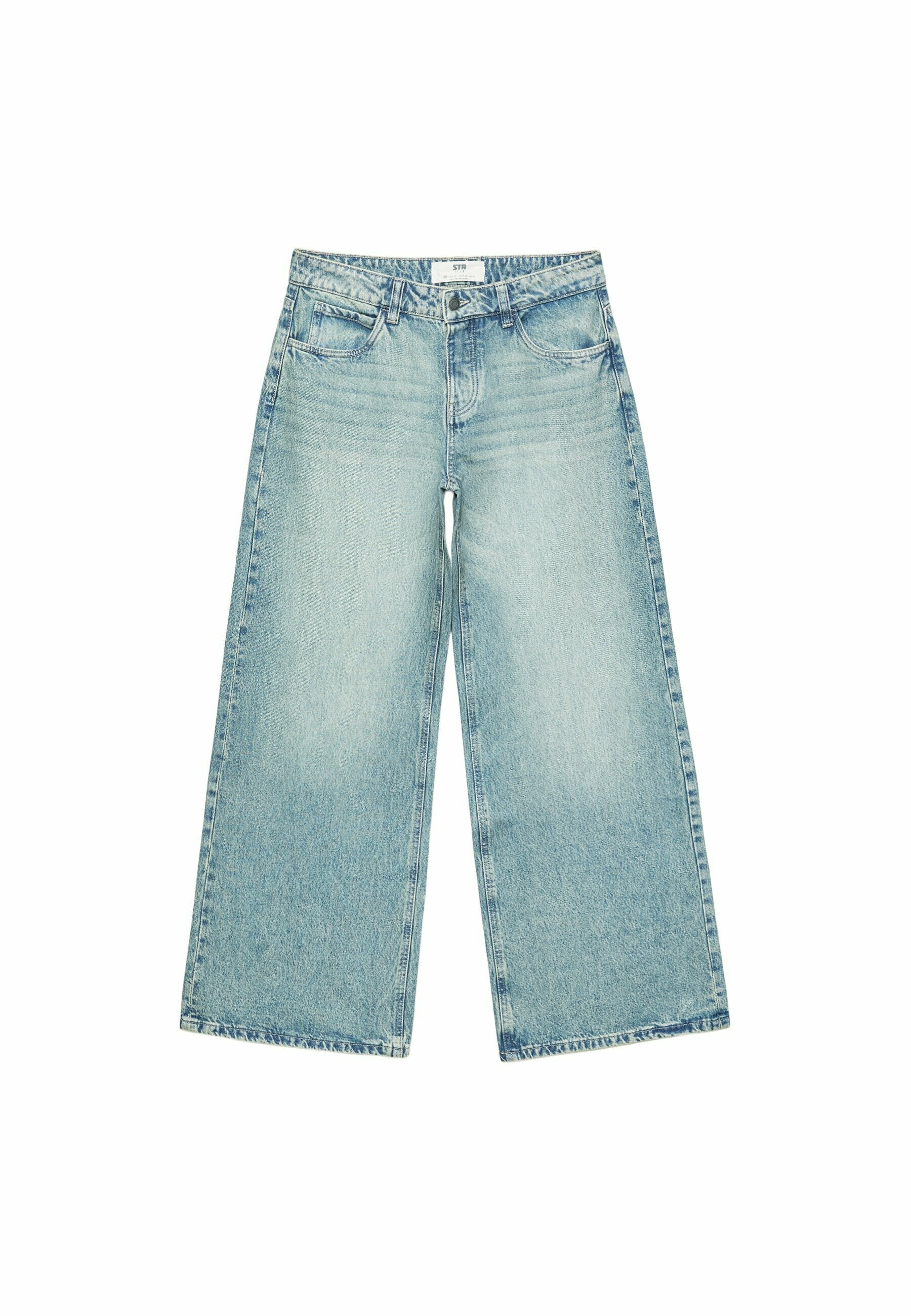 Helle blaue weit geschnittene Denim-Jeans mit hoher Taille, Fünf-Taschen-Design und subtilen Ausbleichungen an der Vorder- und Rückseite.