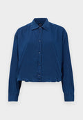 Langarmige dunkelblaue Jeanshemd mit Druckknopfverschluss, klassischem Kragen und gerafften Manschetten, kurz geschnittenem Saum, hergestellt von GAP.