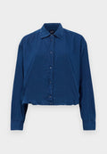 Langarmige dunkelblaue Jeanshemd mit Druckknopfverschluss, klassischem Kragen und gerafften Manschetten, kurz geschnittenem Saum, hergestellt von GAP.